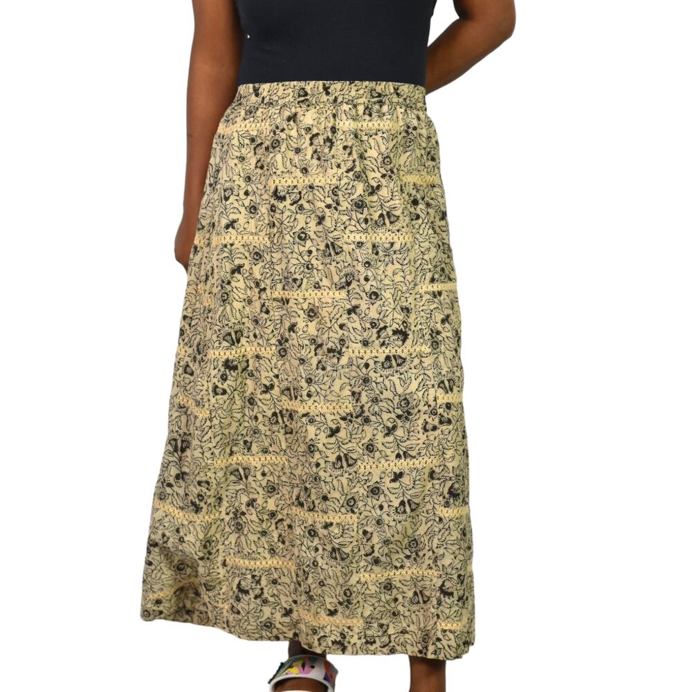 Orvis Maxi Skirt Tan Floral Print Embroidery Lace Elastic Pull On Cotton Large